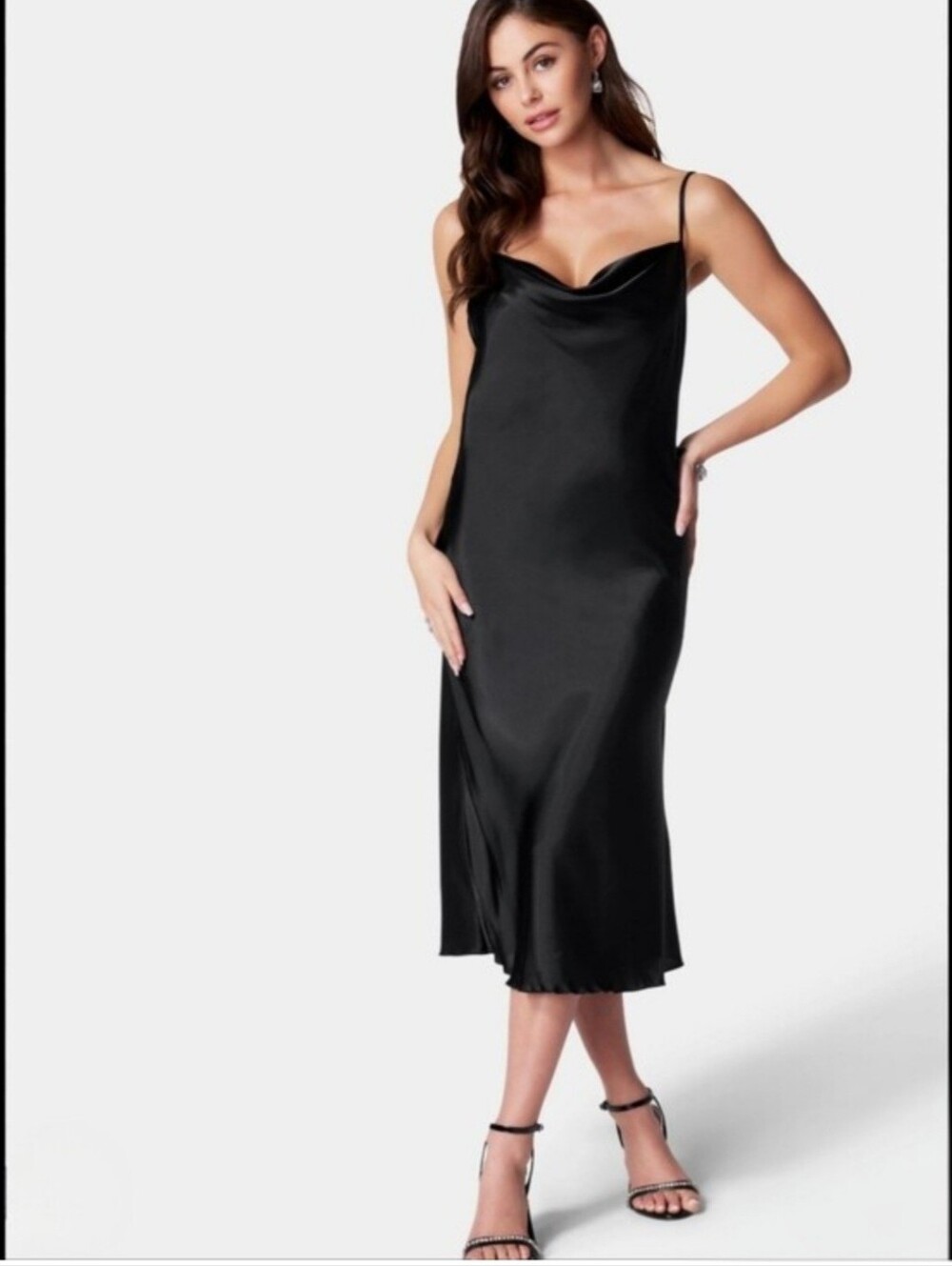 Satin Slip Midi Dress - Black